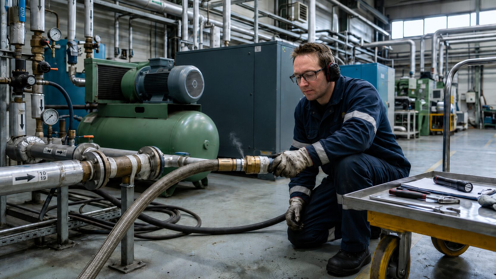 Engineer inspecting air leak