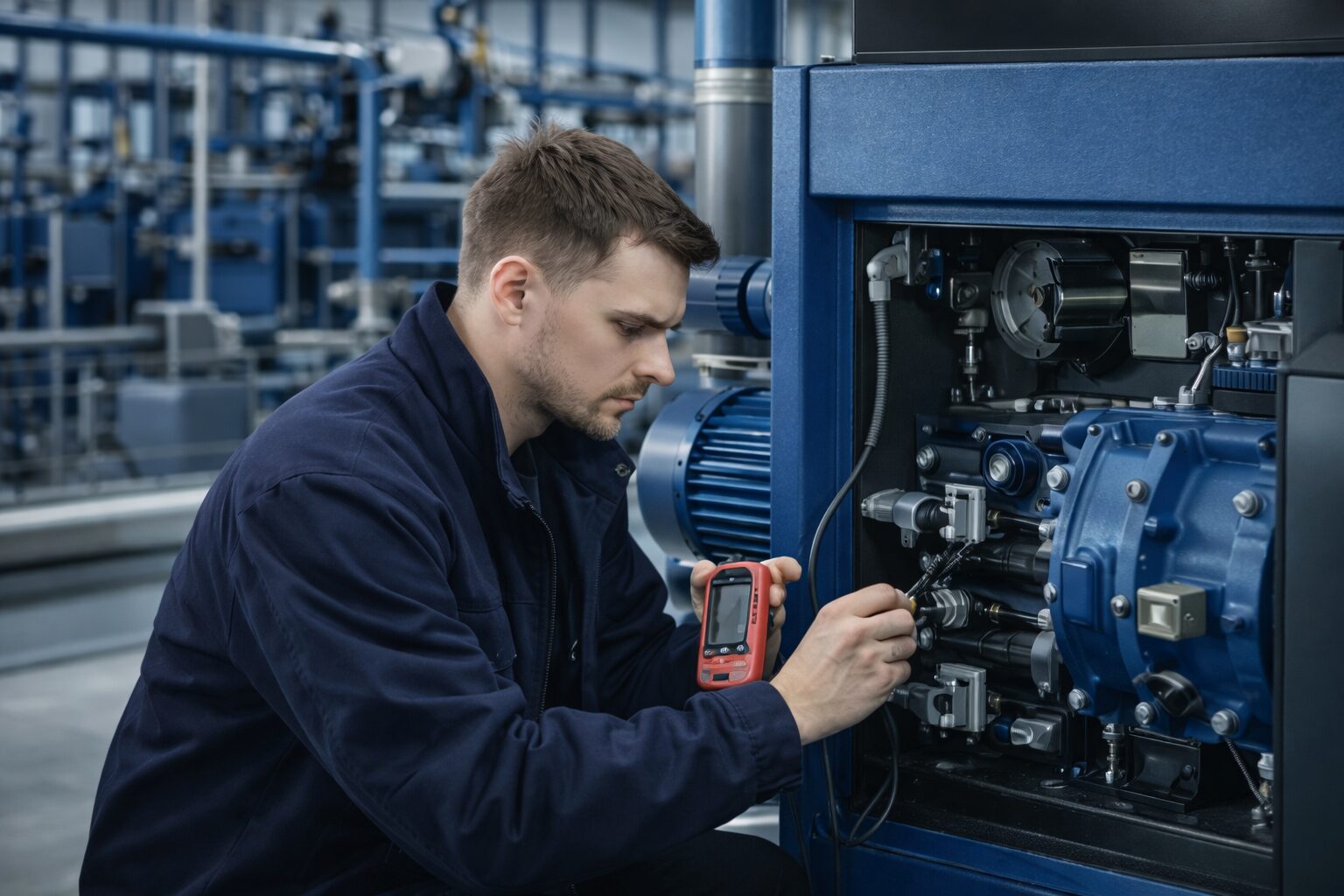 Engineer inspecting Screw air compressor
