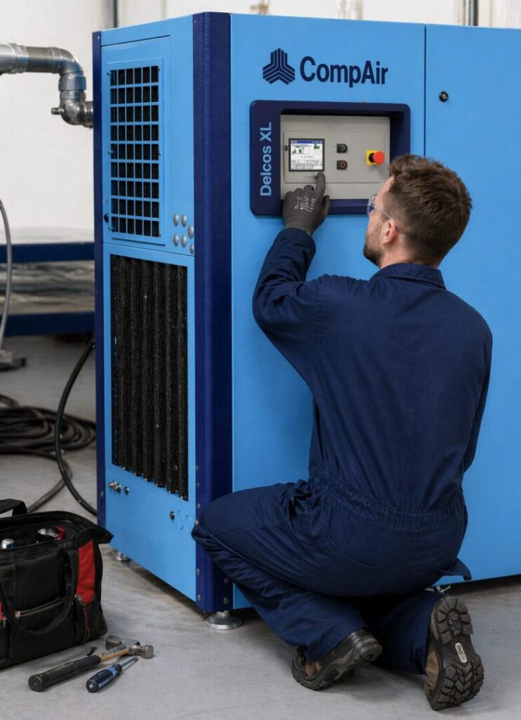 Kneeling technician at industrial Compair air compressor machine