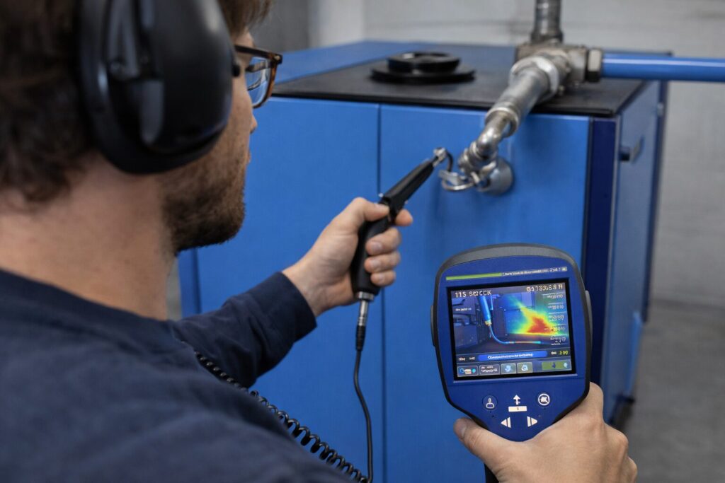 Engineer reviewing compressed air system efficiency
